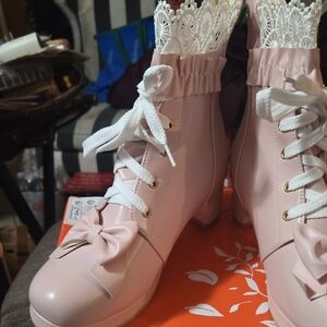 Elegant Pink Lace-Up Boots with Bow